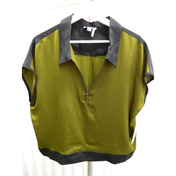 DKNY Womens Olive & Black Colorblock Satin Look Zip-Front Blouse Size L 100%Poly - Picture 2 of 11